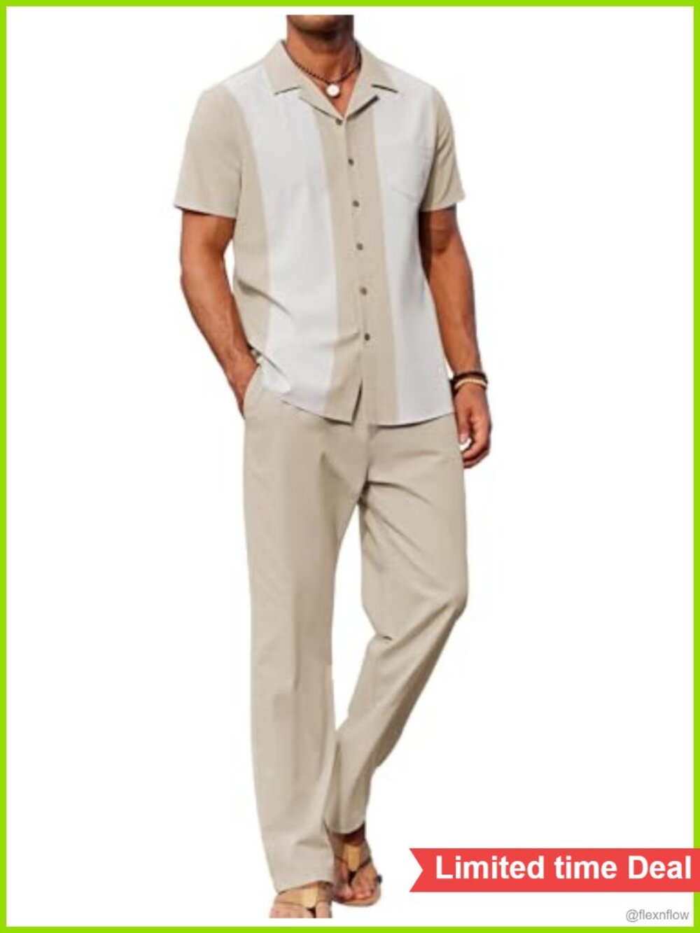 Men 2 Piece Linen Outfit Beach Button Down Short Sleeve Shirt Casual Loose Pant